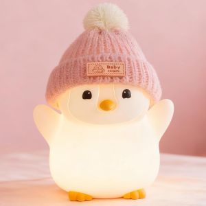 Veilleuse B&eacute;b&eacute; Et Veilleuse Enfant En Silicone - Mignon Pingouin Rose Avec Chapeau Tricot&eacute;, Lampe Douce Pour Chambre, Rechargeable, Intensit&eacute; Variable, Lumi&egrave;re Apaisante Led - Neuf