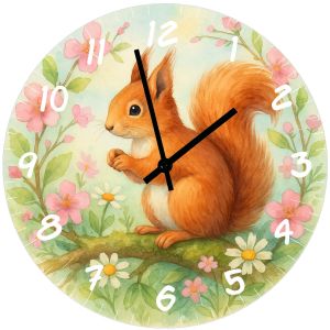 Horloge murale en verre &Eacute;cureuil et Fleurs printani&egrave;res 29 cm - Neuf