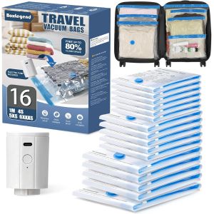 Ulteronixshop-16PCS Sacs Sous Vide Voyage avec Pompe &Eacute;lectrique USB, &Eacute;pais et Imperm&eacute;ables, &Eacute;conomisez 70% d'Espace, Adapt&eacute;s aux Valises et Sacs &agrave; Dos, 4 Tailles Diff&eacute;rentes (70x50/55x45/50x40/40x35c - Neuf