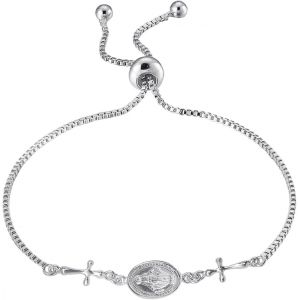 Collection Mother Mary En Argent Sterling 925 | Bracelet Religieux Léger Avec Chapelet Et Croix Pour Femme - Neuf