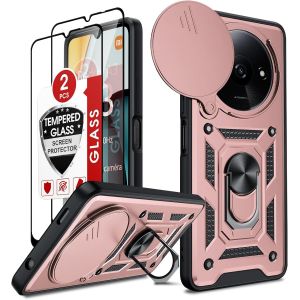 Kal-Coque Pour Xiaomi Redmi A3 4g Anneau Avec 2*Verre Trempé+Full Protection Caméra Coulissante, Étui De Pc Dur Et Tpu Silicone Militaire Anti-Rayures Coque Redmi A3 4g Antichoc-Rose - Neuf