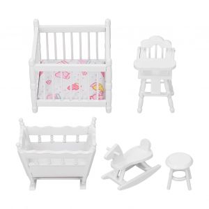 Meubles De Chambre De Poupee Blancs 1:12, Berceau, Chaise, Cheval De Bataille, Tabouret Rond, Meubles Miniatures En Alliage Pour Bebe - Neuf