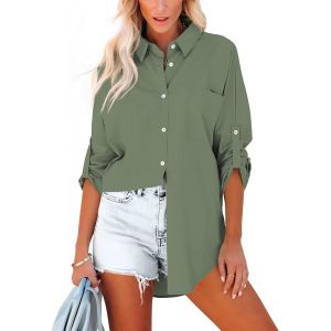 Utigh-Chemisier Pour Femme En Coton À Manches Longues Roll Up Élégant Hauts Décontractés Chemise Boutonnée Unie À Manches Longues Tunique Chemisier Avec Poches Poitrine - Neuf