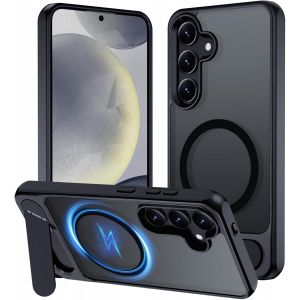 SJZG-Magn&eacute;tique Coque Pour Samsung Galaxy S24 Compatible Avec Magsafe Charge Sans Fil, Etui Translucide Mat Arri&egrave;re Housse Avec Metal B&eacute;quille [3 Modes De Support] Noir - Neuf