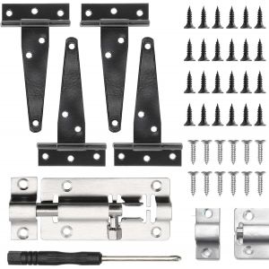 Lot de 4 charni&egrave;res de porte en T robustes - 100 mm - Galvanis&eacute;es - Avec 24 vis - Pour portes de hangar, portes de jardin, fen&ecirc;tres - Avec tournevis avec verrou de porte - Neuf