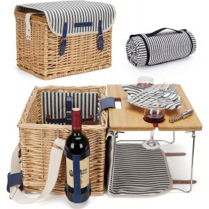 Ulteronixshop-Panier de Pique-Nique en Osier pour 2 ou 2 Personnes, Ensemble de Pique-Nique en Osier avec Table &agrave; vin en Bambou et Pieds en m&eacute;tal pour Camping et f&ecirc;te en Plein air - Neuf