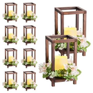 Lot de 10 Lanternes en Bois pour Mariage-Duoku-avec Bougies LED sans Flamme et Couronnes de Fleurs Artificielles-Marron - Neuf