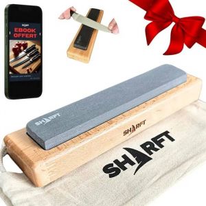 SHARFT Pierre &agrave; Aiguiser Naturelle Pyr&eacute;n&eacute;es 800/1000 avec Socle Bois - Aiguiseur Couteaux Cuisine Pro 200mm - Made in France. - Neuf