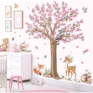 ERYI-Stickers Muraux Fleurs De Cerisier Rose Arbre Grand Autocollant Mural Foret Animaux Des Bois Renard Cerf Décoration Murale Chambre Enfants Bébé Salon - Neuf