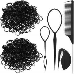 Lot de 2000 petits &eacute;lastiques &agrave; cheveux noirs avec accessoires : outils pour queue de cheveux, peigne &agrave; tige pour fille, femme, poup&eacute;e - Neuf