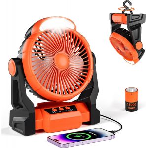 15000mAh Ventilateur Rechargeable avec Lampe LED,Ventilateur Bureau Portable,3 Vitesses,Rotation à 270°,Ventilateur Camping pour Plage,Randonnée & Plein Air - Neuf