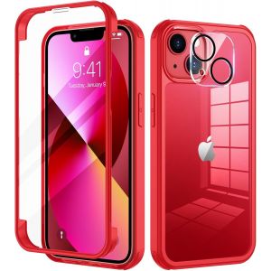 Eryi-Coque Pour Iphone 13 6,1 Pouces, Antichoc Housse Avec Verre Trempé Protection Écran +[9h Dureté Caméra Arrière Protecteur] Full Body Protection Integrale Bumper Rubuste Etui -Rouge - Neuf