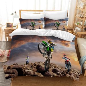 Sjzg-Parure De Lit 3 Pi&egrave;ces En Microfibre Avec Housse De Couette Et Taie D'oreiller, Motif De Motocross Licorne Pour Enfants (Moto C, 135 X 200 Cm) - Neuf