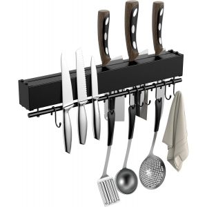 Mevronisshop-Porte Couteaux Aimant&eacute; 3 En 1 40cm &iquest; Barre Aimant&eacute;e En Acier Inox Avec 8 Crochets & Rangement Couteaux &iquest; Montage Autocollant Ou Vis &iquest; Support Magnetique Cuisine Mural - Neuf
