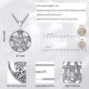 Argent 925 Pendentif Pentagramme Triple Lune Pendentif Déesse Hécate Collier Soleil Et Lune Bijoux Cadeaux Spirituels Amulette Wiccan Pagan Talisman Pour Hommes Femmes - Neuf