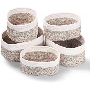 Tianyi-Panier Rangement, Lot De 5 Panier De Rangement,Salle De Bain Corbeille Enfan, Corbeille Rangement Pour Salle De Bain, Cuisine, Organisateur Empilables &Agrave; Usages Multiples, Blanc Et D&eacute;sert - Neuf