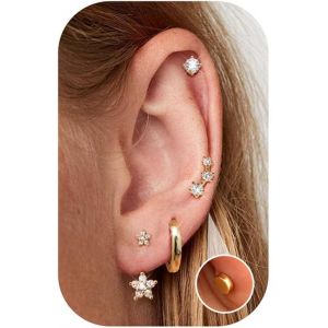 Kal-4paires Hypoallergéniques Boucles D'oreilles Femme Argent/Or Petites Boucles D'oreille Acier Inoxydable Zircon Fleur Piercing Oreille Lot Clous D'oreilles Créoles Or Pour Multiple Piercing - Neuf