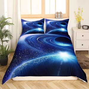 Tzf-Ensemble De Literie Imprimé Galaxie Bleu 3d Univers Planète Housse De Couette 140x200cm Espace Ciel Étoilé Literie Enfants Lits En Microfibre Ensemble Avec 1 Taie D'oreiller - Neuf