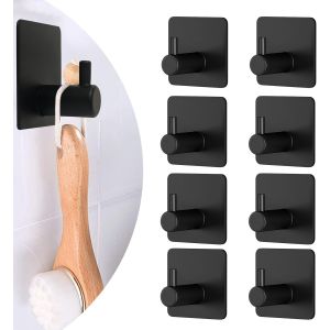 8 Crochets Porte-Serviettes Sans Perçage,Crochets Adhésifs Muraux Inox Noir,Résistants à l'Eau et à la Rouille,Hameçons Autocollants pour Salle de Bain,Cuisine,Porte et Placard - Neuf