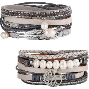 Kalsw-2pcs Cuff Bracelet Cuir Pour Femme Boho Multicouches Arbre De Vie Bracelets Manchettes Gris Brun Noir Bleu Boucle Magn&eacute;tique Jonc Bangles Bijoux Cadeau Pour M&egrave;re Amis - Neuf