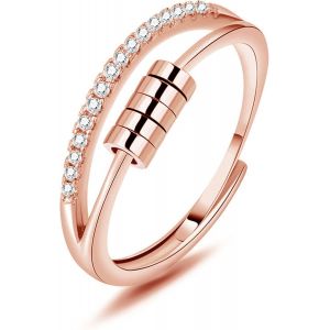 Kal-Bague R&eacute;glable Femme Argent Sterling 925 De Couleur Argent/Or Rose/Or, Bague Ouverte Avec Boule Mobile/Zircon Cubique + Perle Mobile Pour D&eacute;compresser, Anneau Hypoallerg&eacute;nique Unisexe - Neuf