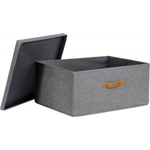 Premium-Boite de rangement avec couvercle Extra Large-Panier Rangement en Tissu Lin-Renforcement Bois-Gris Chin&eacute;-54x40x25 cm - Neuf
