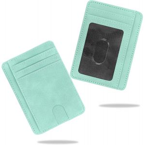 Slim Wallet for Women, Slim Leather Credit Card Holder with Minimalist Front Pocket RFID Blocking, Green Mint, Minimalist - Neuf