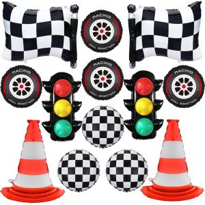 SJZG-Lot De 16 Ballons D'Anniversaire En Forme De Voiture De Course - D&eacute;corations De F&ecirc;te D'Anniversaire - C&ocirc;nes De Ballons Blancs &Agrave; Carreaux Pour Gar&ccedil;on De Course - Neuf