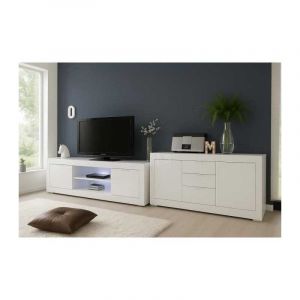 Ensemble s&eacute;jour AUCUNE BASICO blanc laqu&eacute; meuble TV 180 cm buffet 210 cm - Neuf