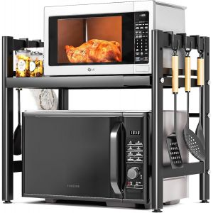 Support pour Micro Onde et Four Extensible Etagere Micro-Ondes,Support en M&eacute;tal Four &agrave; Micro-&eacute;tag&egrave;re pour Micro-Ondes avec 6 Crochets Suspendus Meuble Micro Ondes Cuisine Rangement.[L26] - Neuf