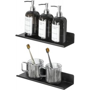 CAUC-Lot de 2 Etagere Murale sans Percage Salle de Bain, Etagere Murale sans Vis en Aluminium, Tablettes Flottantes Adh&eacute;sif Tablette Rangement pour Cuisine, Salon, Chambre, 30CM Noir - Neuf