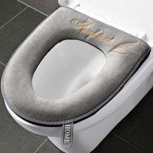 (Gris) Lot de 2 housses de siège de toilette épaisses et souples avec poignée, housse de couvercle de toilette douce et épaisse, coussin lavable, convient à tous les sièges de toilette ovales - Neuf