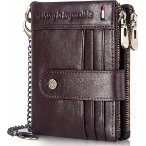 CMJAAGUR-Portefeuille Pour Homme En Cuir V&eacute;ritable Souple Avec Blocage Rfid Avec Cha&icirc;ne, Double Fermeture &Eacute;clair Portefeuille En Cuir Pour Homme Avec Poche Pour Pi&egrave;ces De Monnaie, Petit Port[M1543] - Neuf