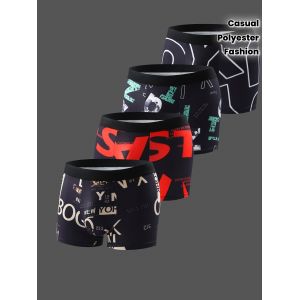 4 Pcs. Sous-V&ecirc;tements Pour Hommes &Agrave; Motifs G&eacute;om&eacute;triques, Tissu En Tricot De Polyester Extensible, Culottes Courtes Avec D&eacute;tails En Appliqu&eacute;, Boxers De Sport D&eacute;contract&eacute;s Respirants &Agrave; S&eacute;chage Rapide, 93 % Polyester, 7 % &Eacute;lasthanne - Neuf