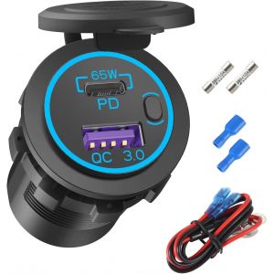 Prise USB C 12V, 65W PD3.0 et 18W QC3.0 Ports de Charge USB pour Ordinateurs Portables, tablettes et t&eacute;l&eacute;phones, Prise de Courant 12V/24V &eacute;tanche avec Interrupteur pour Voiture, Bateau et Moto. - Neuf