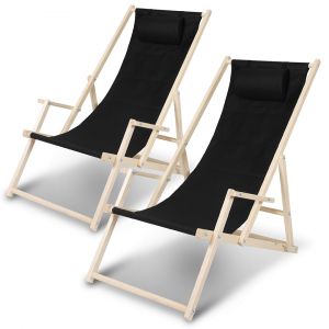 Chiliennes Pliantes R&eacute;glables Chaise Longue Bain De Soleil Avec Accoudoirs Pliante Bois Pliable Noir Avec Mains Courantes 2 Pi&egrave;ces - Neuf