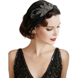 Kal-Bandeau Gatsby Cristal 1920s Plume Flapper Accessoires Charleston Vintage Noir - Neuf