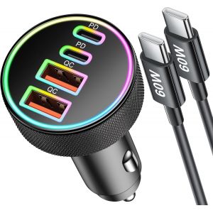 CLOUDDS-4-Ports 90W Chargeur Allume Cigare Usb C,Double 45W+45W Usb-C/A Voiture Adaptateur Prise 12V Rapide Pd/Qc Avec 1M Câble Pour Samsung Galaxy S25/S24/S23/S22/Ultra,Iphone 16 15 Pro Max/16E - Neuf