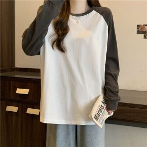 T-Shirt À Manches Longues En Pur Coton À Col Rond Et À Blocs De Couleurs Pour Femme En Automne - Neuf