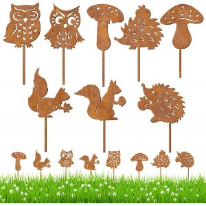 Mevronisshop-Lot De 8 Piquets De Jardin En M&eacute;tal Rouill&eacute; - D&eacute;coration D'automne - Hibou - H&eacute;risson - Champignon - D&eacute;coration De Jardin Pour Pots De Fleurs, Balcon, Cour, Cl&ocirc;ture, Pelouse - D&eacute;coration - Neuf