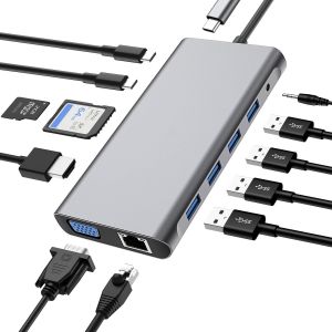 USB C HUB 12 en 1,Adaptateur de Station d'accueil avec HDMI 4K,VGA,RJ45 Ethernet,USB3.0,USB C 3.0&2.0,PD 100W,SD/TF & 3.5mm AUX,Compatible avec MacBook Pro & Autres Ordinateurs Portables - Neuf
