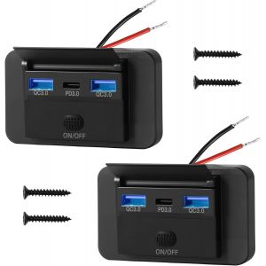 Lot De 2 Prises Usb 12V/24V 72W Avec Pd3.0 Usb-C & 2 Qc3.0 Us B-A, Chargeur Rapide &Eacute;tanche Avec Interrupteur Et Led, Chargeur Voiture Moto Camion Camping-Car Bateau, Fixation Panneau, 3 Ports - Neuf