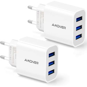 JGD-Chargeur Rapide, 2-Packs 15W 3 Port Prise USB Chargeur Rapide iPhone, Multi Secteur Universel Chargeur Mural, Adaptateur USB Universel pour Apple iOS, Android, Portables, Windows etc - Neuf