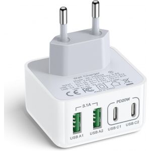 TRAHOO-Chargeur USB C, 40W 4 Port Prise USBC Chargeur Rapide Multi Secteur Double Port PD+QC Type C Adaptateur pour Phone 16 15 14 13 12 11 Pro Max X XS XR 8 7 6S Plus Mini SE, iPad, Samsung Galaxy - Neuf