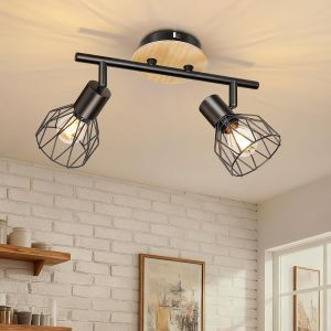 Ulteronixshop-Plafonnier 2 Spot Noir, Luminaire Cuisine Plafond Bois, Plafonnier Orientable E14, Applique Murale Double Spot Avec Grille M&eacute;tallique, Pour Interieur, Cuisine, Chambre, Salon, Sans Ampo - Neuf