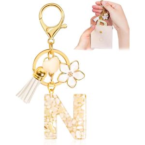 Kal-Porte-Clés Pour Fille Lettre, Porte-Clés Pour Femme Avec Lettre Initiale, Alphabet Pendentif Initiale En Résine, Keyring Avec Pendentif Amour Et Pampille, Cadeau Pour Femme Beige - Neuf