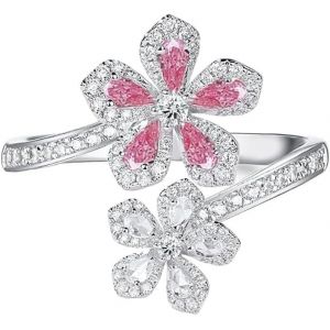 Kahfl-Bague De Fian&ccedil;ailles R&eacute;glable En Forme De Fleur De Cerisier Pour Femme Et Fille Avec Cristal Cz Rose Sakura Floral Ouvert,M&eacute;tal,Zircone Cubique - Neuf