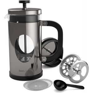 Gazetaro I - Cafetière À Piston Inox, Cafetière Piston, French Press En Inox Et Verre, Finition Argentée, Avec Filtres, Cuillère Doseuse Incluse - Taille Large : 1 L / 1000 Ml, 8 Tasses - Neuf