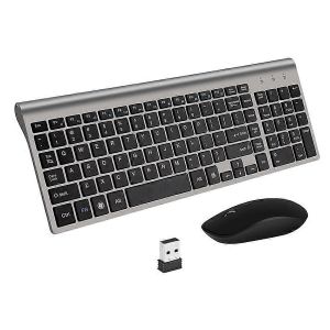Clavier et souris sans fil 2,4 GHz ultra-fins, format standard, avec pave numerique, clavier compact pour ordinateur de bureau/PC/portable (gris) - Neuf