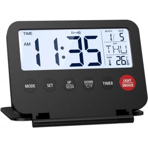 KAL-Réveil De Voyage Numérique, Réveil Matin Pliable Avec Grand Écran Lcd, Date Et Température, Rétroéclairage, Alarme Répétitive 12/24H, Fonctionne Sur Piles Pour Chambre, Bureau Et Domicile - Neuf